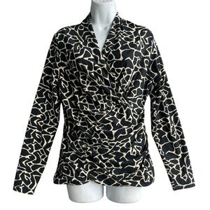 PERUVIAN CONNECTION Cyprus Top Size L Geometric Black V-Neck Ruched Blouse